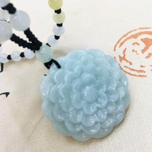 Pure natural Emerald jade hand carved peony flower pendant three-color jade bead necklace men and women sweater chain