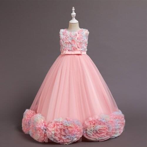 Kid Girl Sleeveless Piano Performance Costumes Birthday Party Evening Tailing Princess Layered Dress Floral Puffy Veil Skirt New