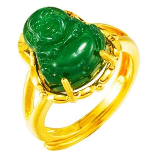 FYSL Light Yellow Gold Color Buddha Green Agates Resizable Finger Ring Religious Style Jewelry
