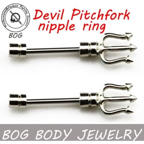 BOG-Pair Devil Pitchfork Shape Nipple Shield Bar Barbell Piercing Rings