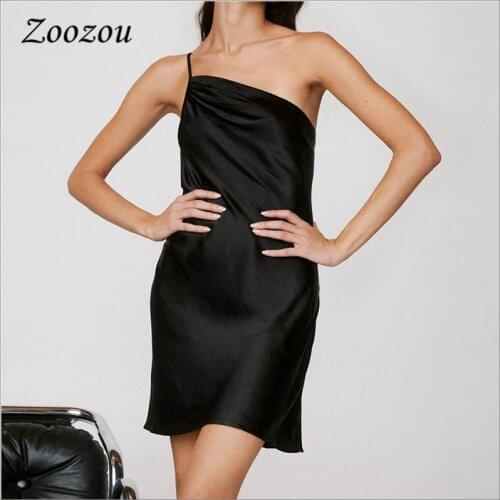 Summer One Shoulder Satin Women Mini Dress Sexy Black Backless Slim Short Dress Female Sleeveless Elegant Party Dress Custom