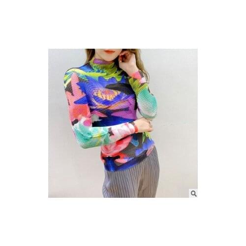 HOT SELLING Miyake print slong sleeve fashion fold stand collar Slim fit T-shirts IN STOCK