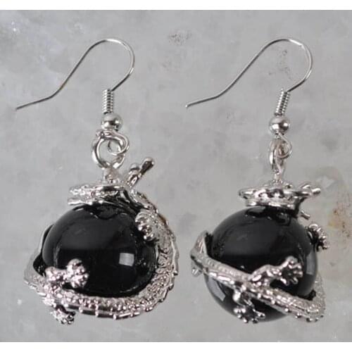 Natural Black Carnelian Bead Dragon Dangle GEM Earrings Jewelry T214