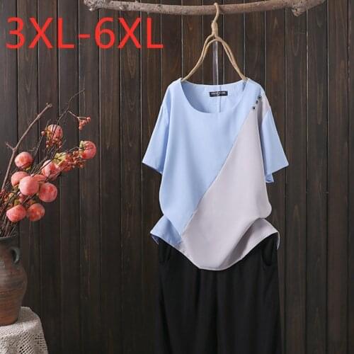 New 2021 Ladies Summer Plus Size Tops For Women Large Blouse Short Sleeve Loose Casual Blue Chiffon O-neck Shirt 3XL 4XL 5XL 6XL