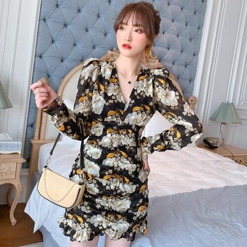 New Fashion Spring Mini Party Dress Ladies Elegant Retro V-Neck Puff Sleeve Floral Print Sweet Skinny Bodycon Beach Short Dress