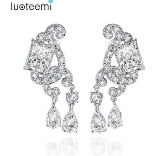 LUOTEEMI Jewelry Factory Wholesale Luxury Women Elegant Zirconia Long Bridal Earrings with Stones White Gold-Color Jewelry Gift