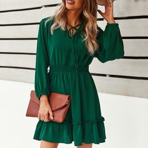 Autumn Lace-up V-neck Long Sleeve Dress Women Solid Color High Waist A-line Mini Dresses Female Fashion Ruffle Short Dress