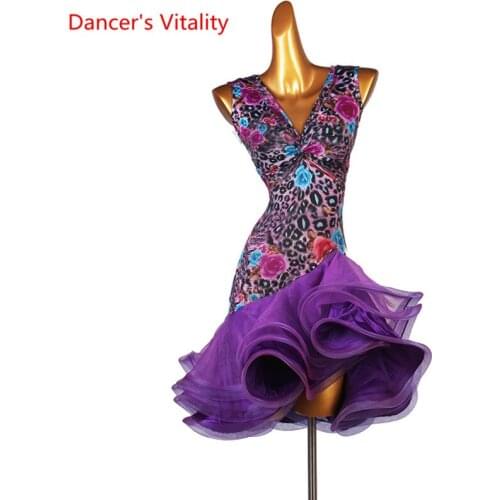 Latin Dance Dress Leopard Print V-Neck Bandage Skirt Performance Clothes Profession Custom Adult Child Competition Clothing