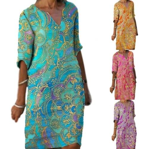 Chrysanthemum Print Women Dress Summer 2021 New V-Neck Half Sleeve A-Line Dress Female Vintage Plus Size Loose Dresses Vestidos