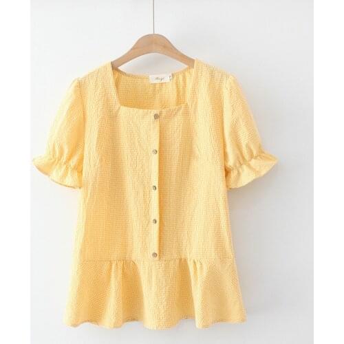 Plus Size XL-4XL Womens Plaid Blouse Short Sleeve Vintage OL Tops Square Neck Summer Blusas