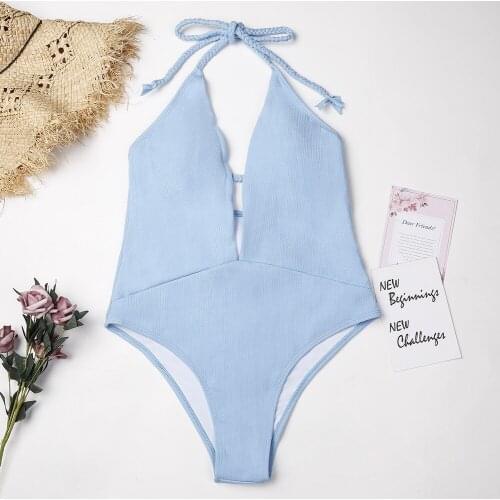 Sexy Bikini Women Swimwear Sexy v-neck rib bikini blue braided bandage 1piece