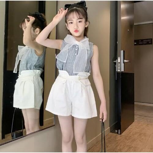 2021 Summer Girls Kids Clothes Teenager Sleeveless chiffon t shirt blouse + plaid white shorts pants 5 6 7 8 9 10 11 12 13 years