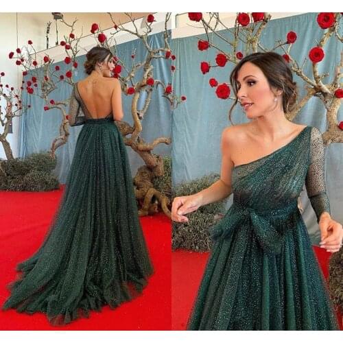 Dark Green One Shoulder Long Sleeves Sequeined Evening Dresses Luxury Fashion Sexy With Train Backless Prom Party Gowns 2020