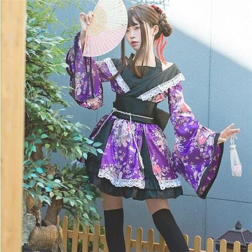 Traditional Japanese Lolita Anime Cosplay Costume Kimono Dress for Women Sakura Yukata Tutu Kawaii Girl Haori Party Stage Outfit