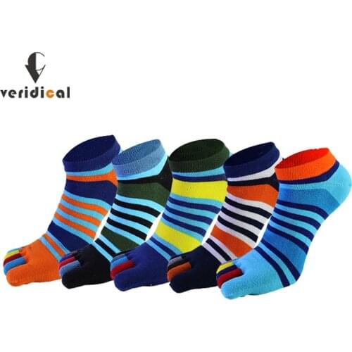 Veridical Cotton Toe Socks Men Boy Striped Ankle Socks Multicolor Toes Five Finger Compression Crew Boat Socks 5 Pairs/Lot