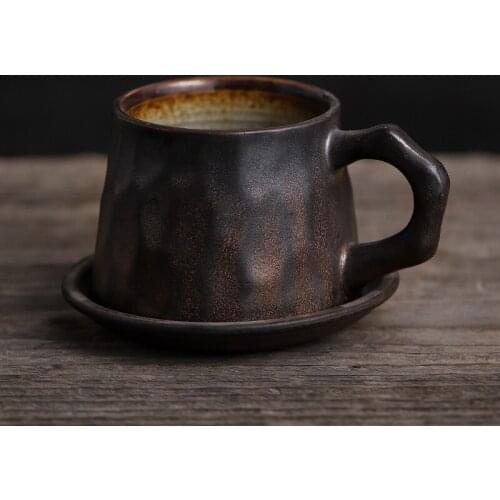 Vintage coarse pottery coffee cup and saucer set simple combination handmade retro European creative ceramic coffee mug