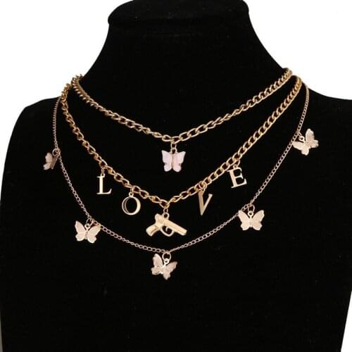 Vintage Multi Layer Butterfly Necklace for Women Butterflies LOVE Charm Pendant Choker Necklaces Boho Fashion Jewelry Gifts