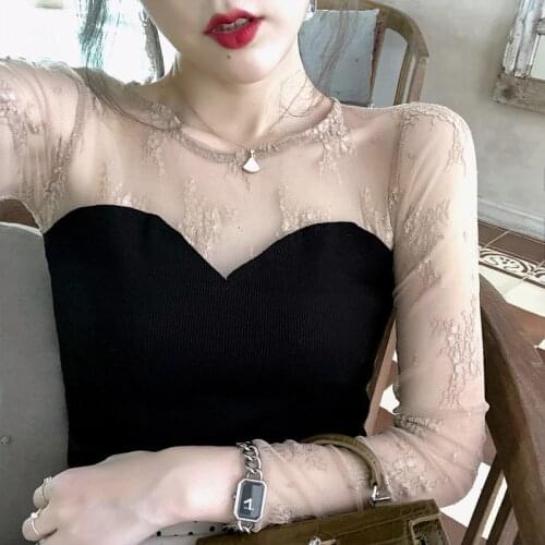 2019 Autumn New Women Fashion Tee Shirt Transparent Lace Blouse Sexy Long Sleeve Female Tops Chemise Blusas Mujer De Moda