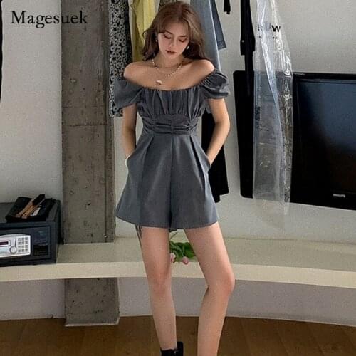 2021 Summer Office Lady Off-Shoulder Wide Leg Shorts Womens Puff Sleeve Pleated Waist Fashion Hugging Slash Neck Playsuit 14395