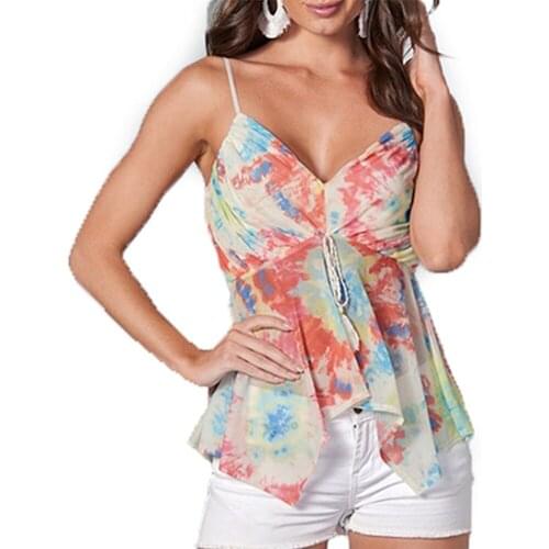Beach Style Bandhnu Print Women Tops And Blouses Summer Casual Adjustable Spaghetti Straps Sexy Deep V-Neck Tassel Women Blouse