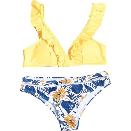 H9ED Women Sexy 2 Pieces Bikini Set Swimwear Ruffle Backless Bra Printing Thong Swimsuit Bathing Suit Beachwear