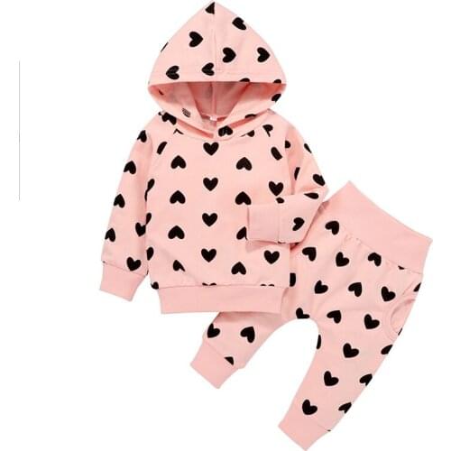 Winter Baby Girls Clothes Heart Printing Hooded Coat Pants 2pcs Outfits For Toddler Girl Outwear Childrens Sweet Clothing