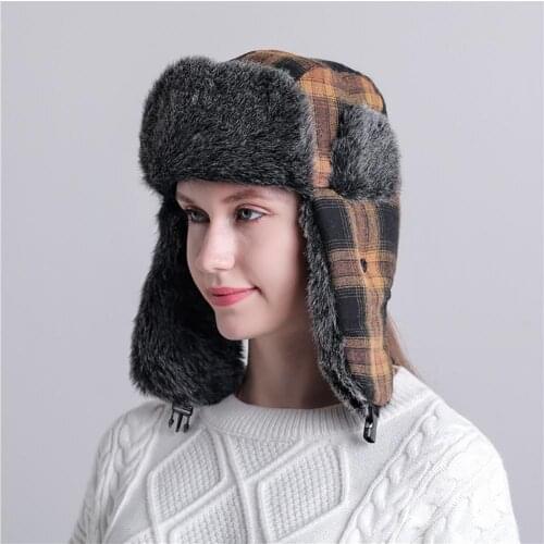 Bomber Hats For Women Men Modern Ear Warmer Thick Winter Lei Feng Plaid Trapper Hat for Cycling Winter Windproof Caps Black