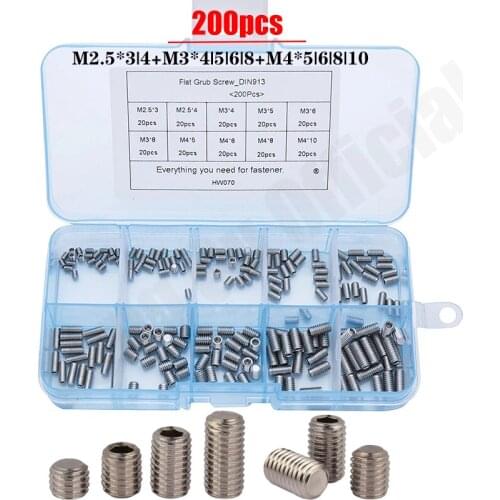 200Pcs/set M2.5 M3 M4 DIN913 304 Stainless Steel Metric Thread Grub Screw Flat Point Hexagon Socket Set Screws Headless HW070