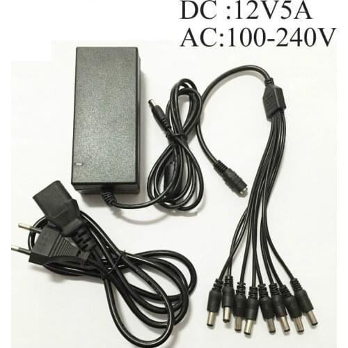 DC 12V 5A Power Supply Adapter + 8 Split Power Cable for CCTV Security Camera DVR Analog AHD TVI CVI Camera DVR Systems