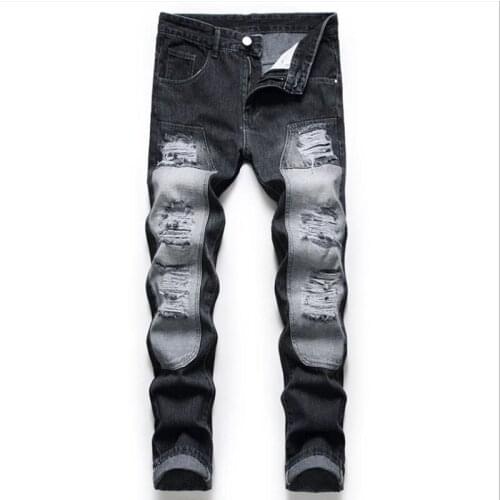 American Style Biker Jeans Men 2021 Casual Washed Cotton Splicing Holes Jeans Mens pantalones hombre Black Denim Pants