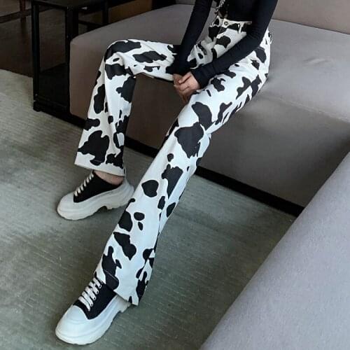 Harajuku 2021 Animal Cow Printed White Jeans Baggy Vintage 90S Pockets Patchwork Straigh Pants High Waist Streetwear Jeans