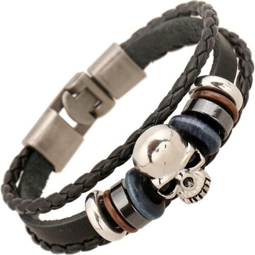 Zinc Alloy Skull Charm Unisex Bracelets Braided Leather Bracelet Buckle Genuine Leather Bangles Punk Style Handmade Bileklik