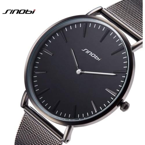 SINOBI New Men Watches Fashion Simple Casual Black Mesh Stainless Steel/Leather Slim Quartz Casual Watch Men Clock Montre Homme