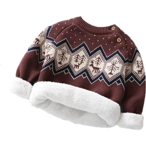 Kids warm sweater winter boys girls clothing children sweatershirt plus velvet thick outerwearcoat Vintage knitting jackets