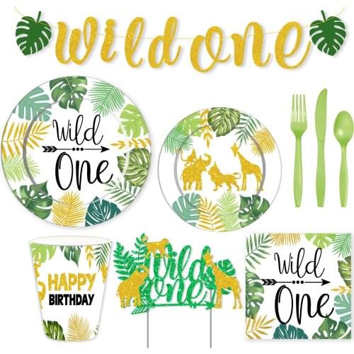 Wild One Disposable Party Tableware Safari Jungle Birthday Party Decoration Kids Disposable Paper Plate Cup Baby Shower Supplie