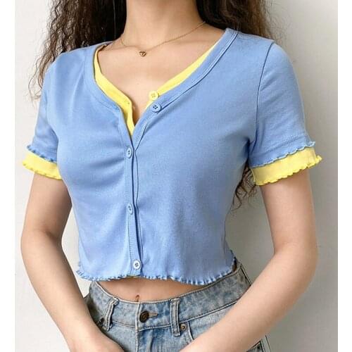 Womens Fake 2 Piece Cardigan Short Tops Womens V-Neck Casual Short Sleeve Blue