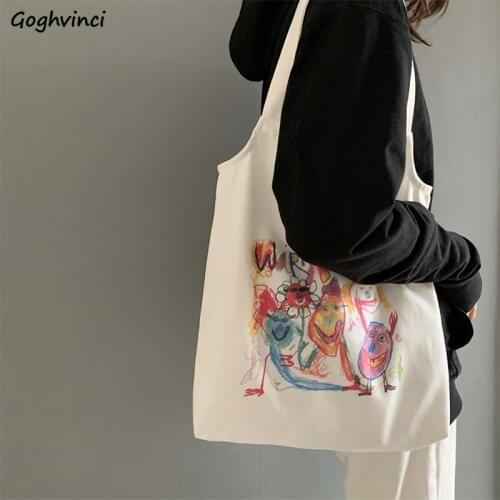 Shopping Bags Women Canvas Harajuku Printed Students Leisure Shoppers Kawaii Korean Style New Stylish Ulzzang Graffiti Simple