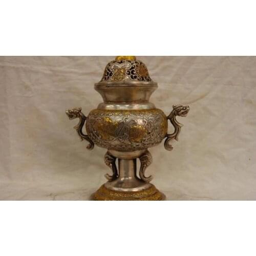 China Folk White Copper Silver Two Beast Dragon Elephant Censer incense burner