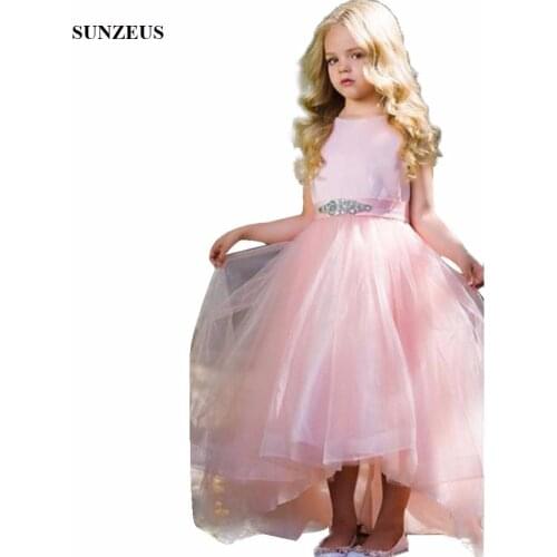 Beautiful Pink Flower Girl Dress Tea Length Tulle Girls Party Gowns With Beaded Belt Bow Little Princess Kids Dress FLG060