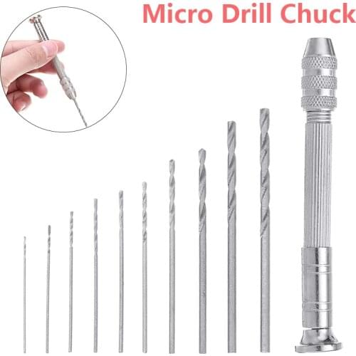 1Set Micro Hand Drill Chuck Twist Drill Bit 10Pcs Twist Drill Bit Clamping Range 0.8-3.0mm+1Pcs Hand Drill Tool Accessories