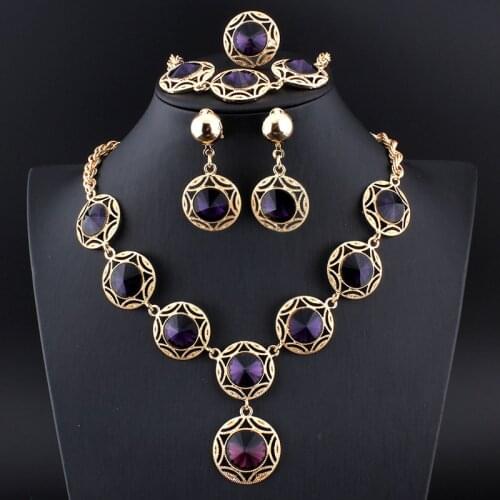 Jiayijiaduo Turkish blue wedding jewelry set Crystal Necklace Earrings Bracelet Rings for Womens Banquet Jewelry Gold color 17