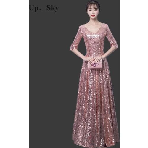 2018 new V-neck long bright sequin bridesmaid dress sexy simple party dress wedding dress