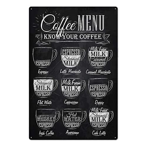 Black Original Retro Design Coffee Menu Tin Metal Wall Art Signs, Cafe / Kitchen / Coffee Corner Thick Tinplate Wall Decoration