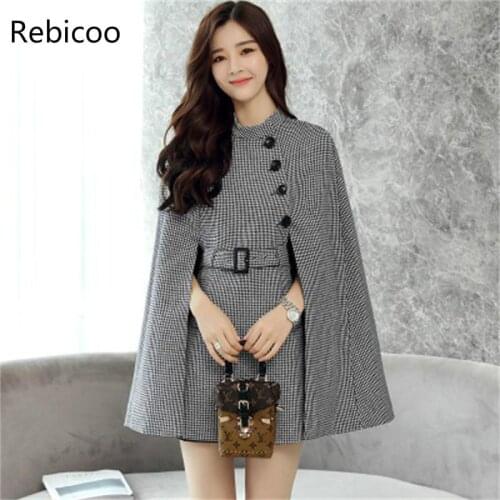 Fashion Plaid coat female Jacket Autumn Womens New British style Cloak Woolen Jacket Fashion Cape Coat Female Casual Blazers