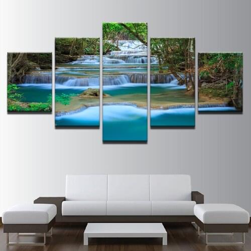 Landscape Painting print on canvas Art For Living Room Wall Decor 5 Pieces Blue lake small waterfall Decoration Picture