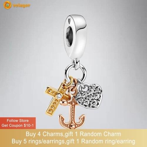 Volayer 925 Sterling Silver Triple-tone Cross, Heart & Anchor Dangle Charm fit Original Pandora Bracelets for Women DIY Jewelry