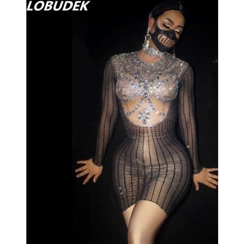 Silver Black Rhinestones Transparent Mesh Package Hips Dress Prom Birthday Short Dress Singer Dancer Fashion Sexy Stage Costume
