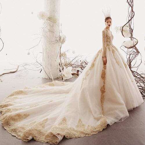 Princess Wedding Dresses Vestido De Noiva Gold Appliques Beading Long Illusion Sleeve Bridal Gowns Custom Made