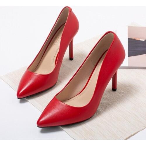 Womens Pumps Geniune Leather Cowhide Pointed Toe Thin High Heels Shallow Mouth Fashion Office career Work Lady Single Shoes