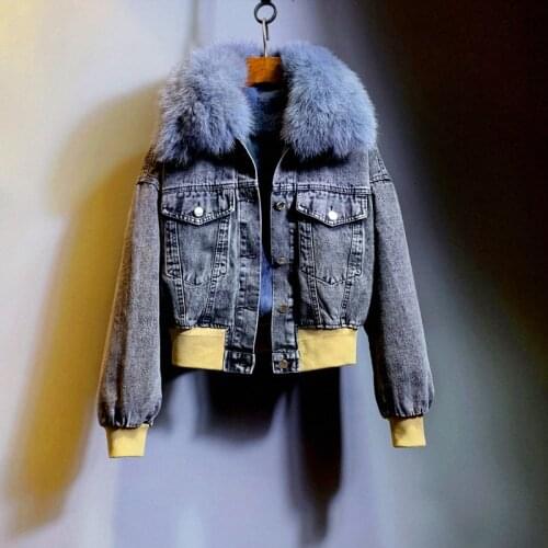 Winter Womens Warm Real Natural Fox Fur coat + Rabbit Hair Liner Denim Jacket Female Print Pattern Real Fox Fur Outerwear F2486